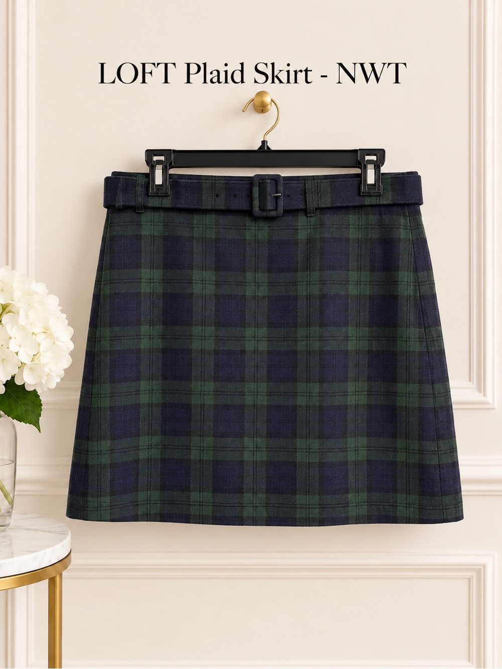 LOFT Navy & Green Plaid Belted Mini Skirt NWT